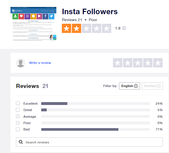 a screenshot of the instafollowers page on trustpilot