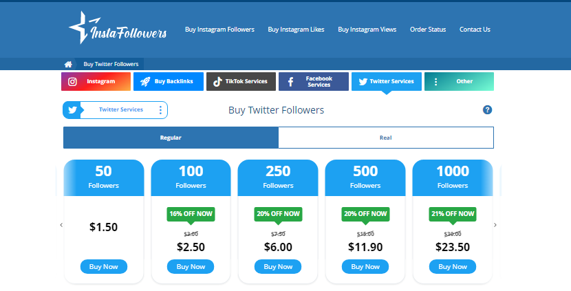a screenshot of instafollowers twitter followers pricing