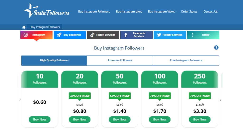 a screenshot of instafollowers instagram followers pricing