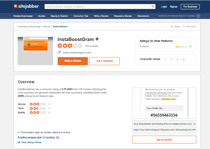 a screenshot of instaboostgram sitejabber review page