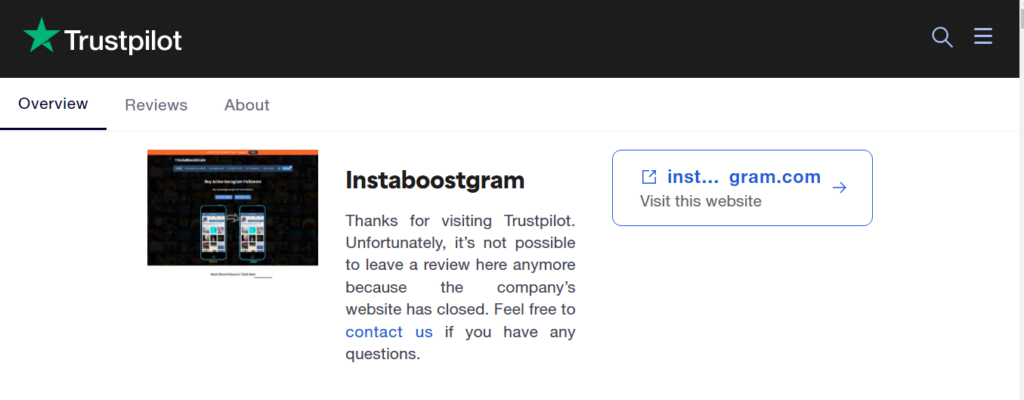 a screenshot of Instaboostgram trustpilot page