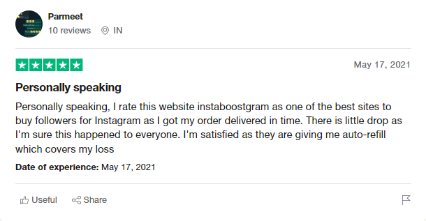 a screenshot of a review left by a customer complimenting Instaboostgram services