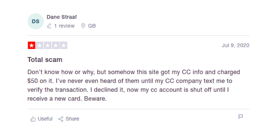a screenshot of a review of a person on trustpilot saying that they used their credit card information for an unauthorized charge