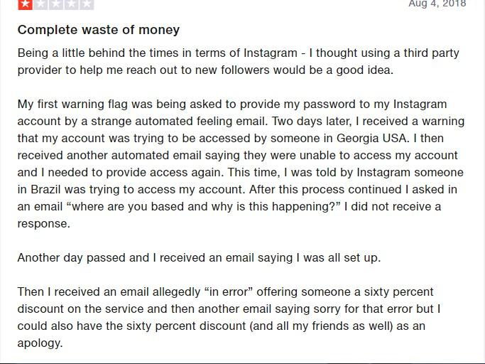 a screenshot of lengthy negative review left on risesocial Trustpilot page