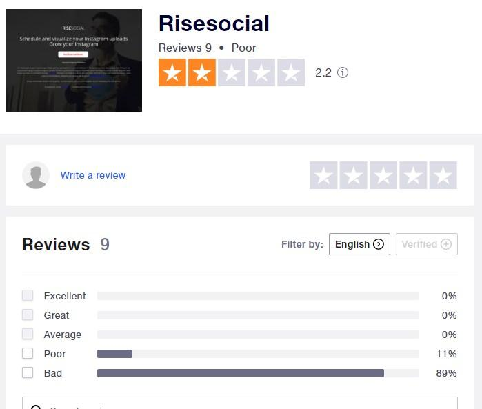 a screenshot taken on Trustpilot page about risesocial