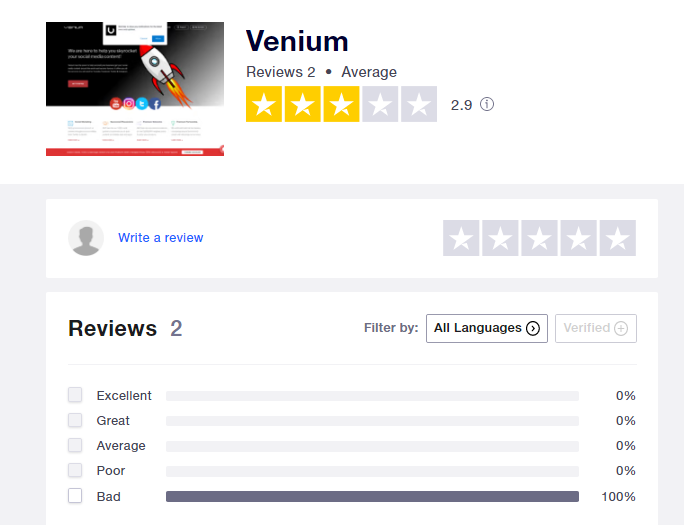 a screenshot presenting Venium on TrustPilot