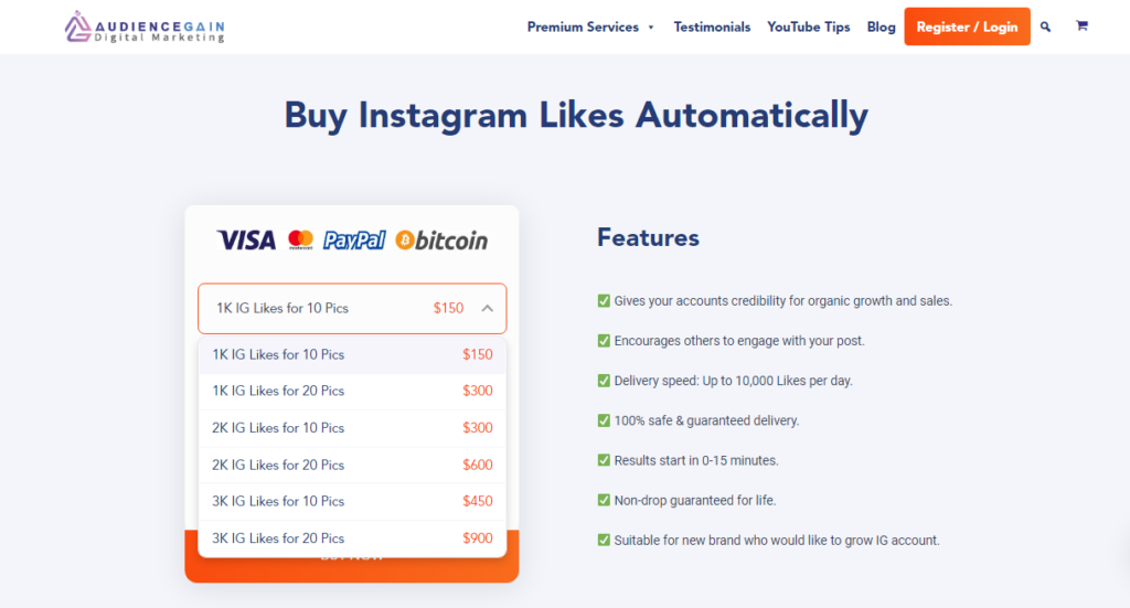 a screenshot taken from audiencegain website where we can see their automatic instagram likes packages