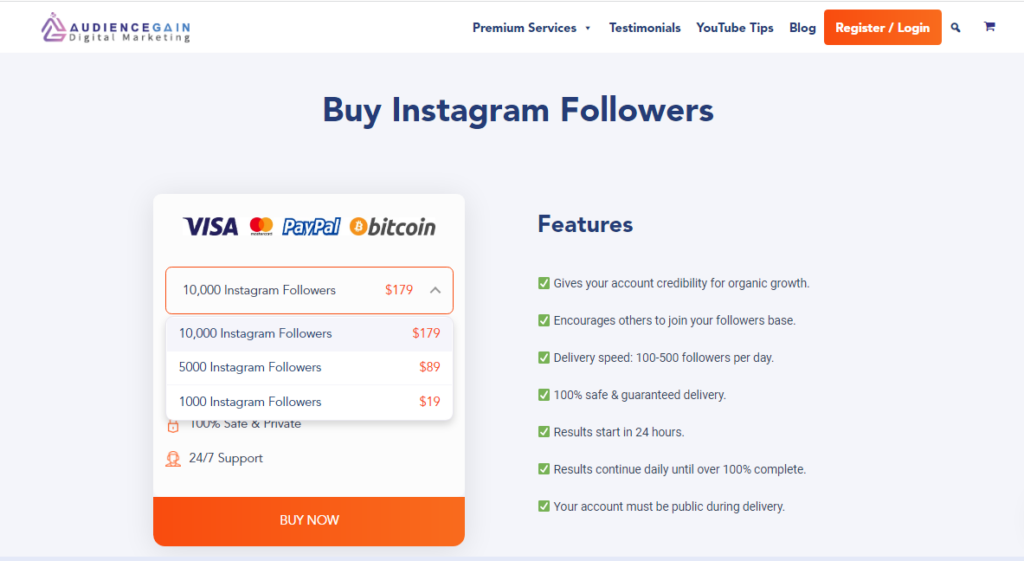 a screenshot taken from audiencegain website where we can see their instagram followers packages