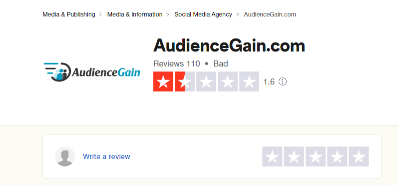 a screenshot showing audiencegain.com rating on trustpilot