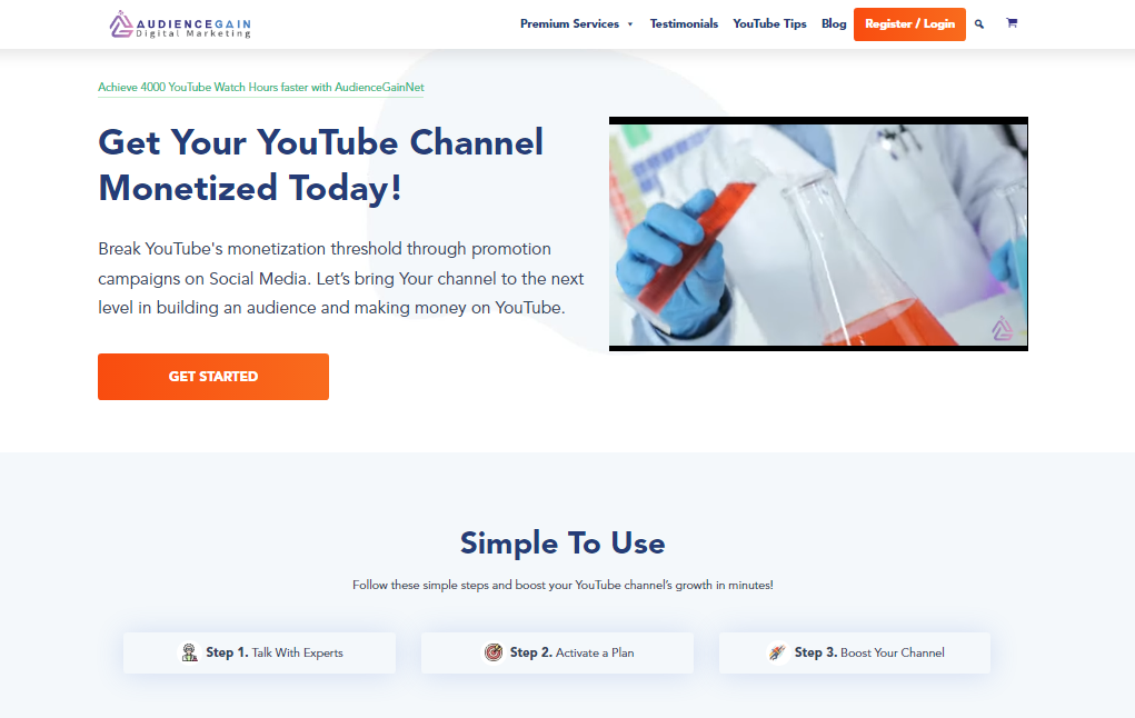a screenshot from audiencegain website showing their YouTube monetizing services