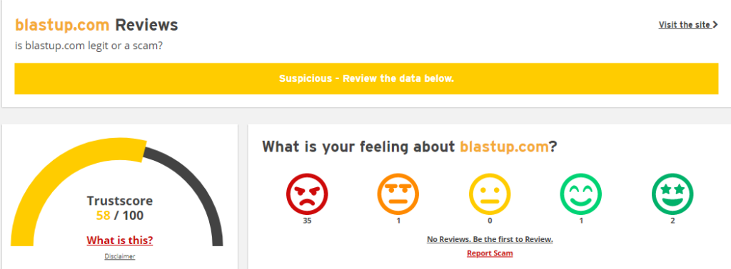 a screenshot showing blastup rating on scamadviser