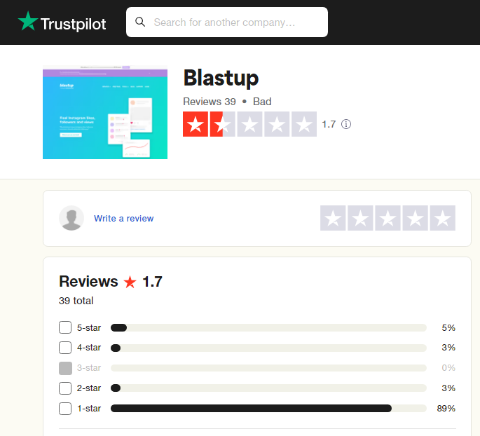 a screenshot showing blastup rating on trustpilot