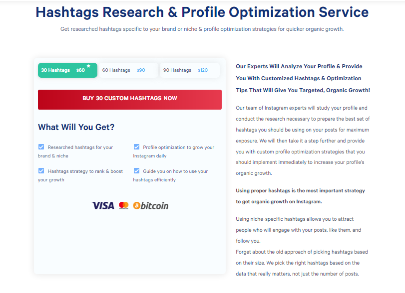 A screenshot displaying how you can buy hashtags research package