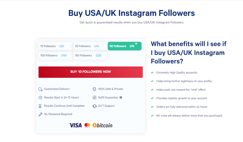 A screenshot displaying how you can buy Usa/uk followers