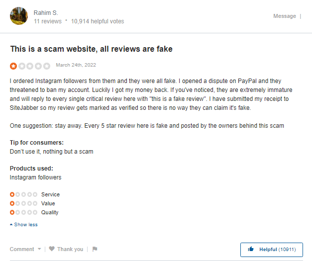 a screenshot displaying a review on sitejabber showing a customer who bought on mysocialfollowing warning users not to purchase from them