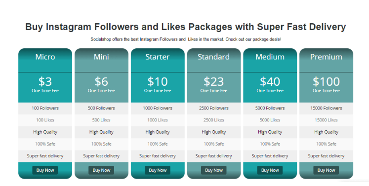 a screenshot of the socialshop package prices from their website