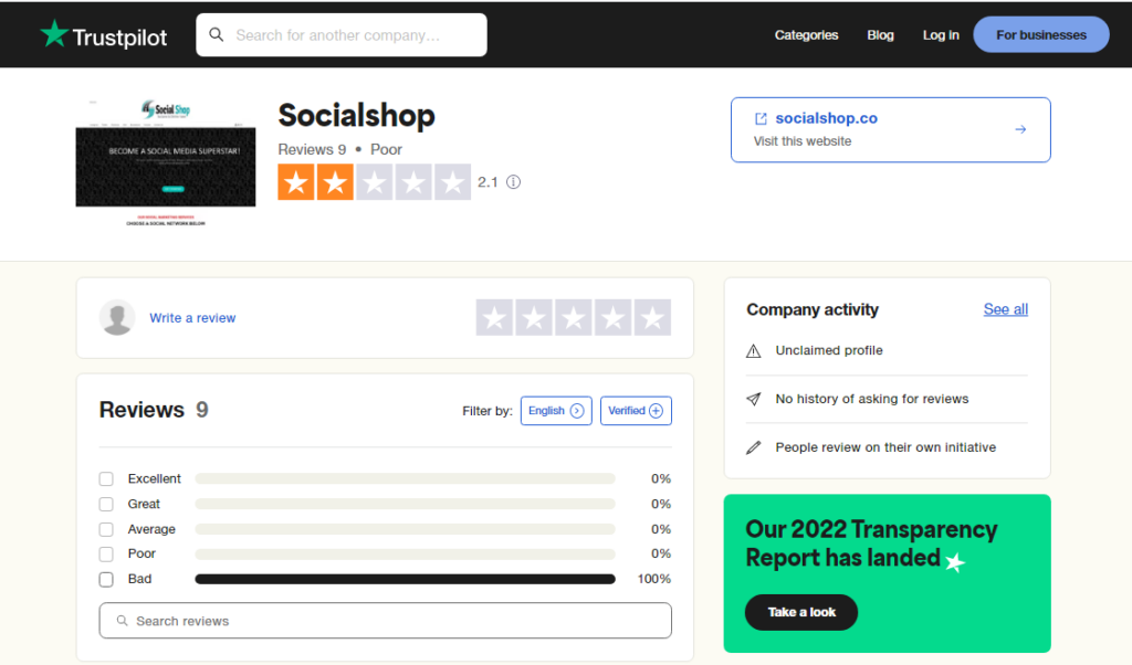 a screenshot from trustpilot whee people left reviews about socialshop