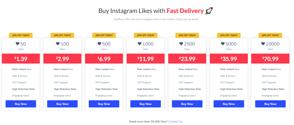 a screenshot from viralrace website displaying their instagram likes packages
