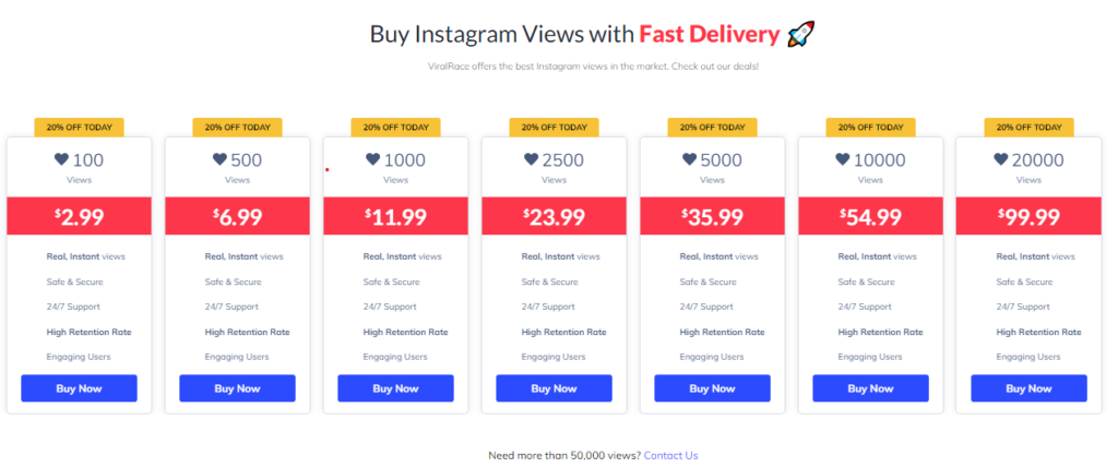 a screenshot from viralrace website displaying their Instagram views packages