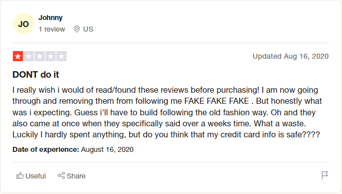 a screenshot displaying a review on trustpilot left by a viralrace client saying that this website should be avoided at all cost because they provide fake engagement
