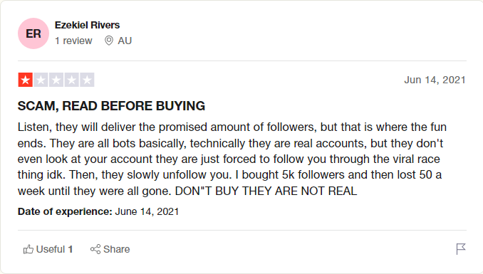 a screenshot displaying a review on trustpilot left by a viralrace client sharing their negative followers service shopping experience
